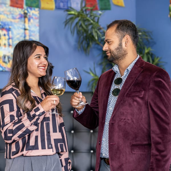 A smiling couple, an Indian man and woman, toast with red and white wine glasses.